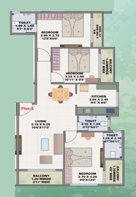 Floor plan of 3 BHK 796 Sq. Ft. Apartment in RR City Tower, Navi Mumbai