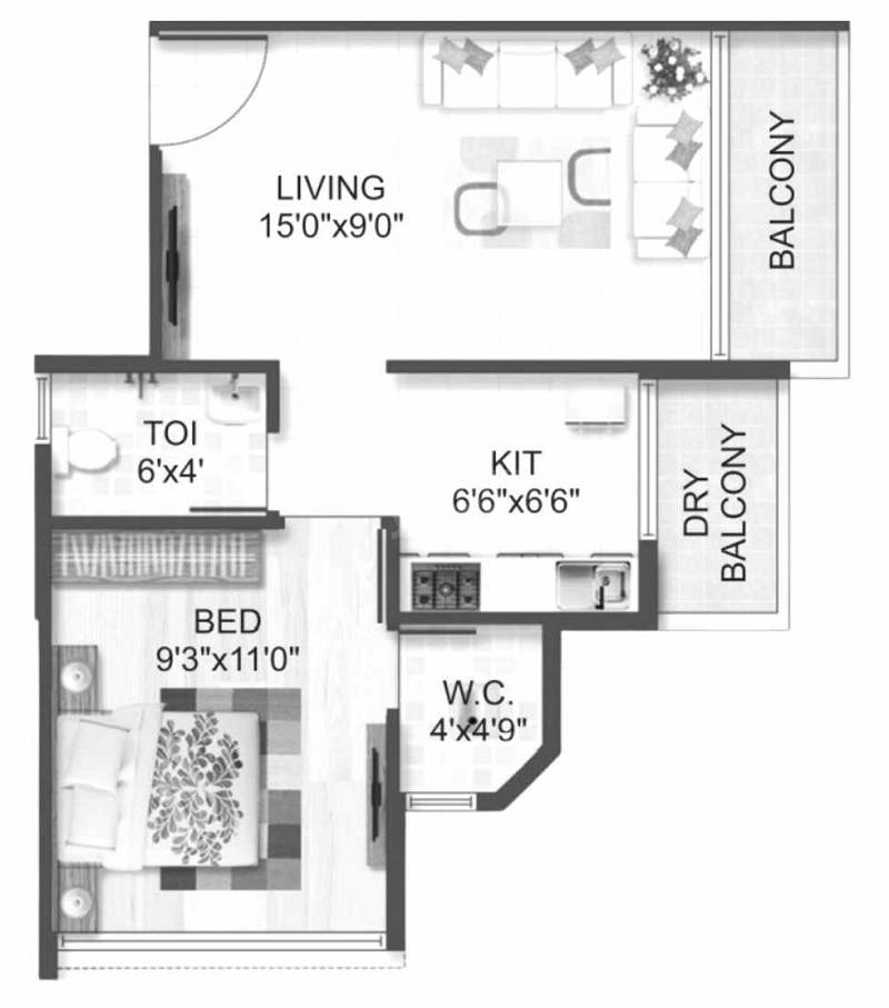 Floor plan of 1 BHK 291 Sq. Ft. Apartment in RS Tirupati Corner, Navi Mumbai
