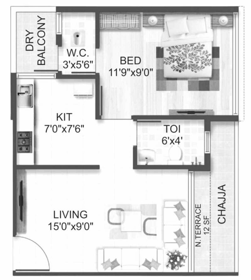 Floor plan of 1 BHK 315 Sq. Ft. Apartment in RS Tirupati Corner, Navi Mumbai