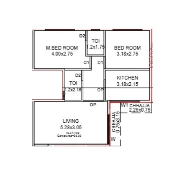 Floor plan of 2 BHK 570 Sq. Ft. Apartment in Rudra Dhumravarna, Navi Mumbai