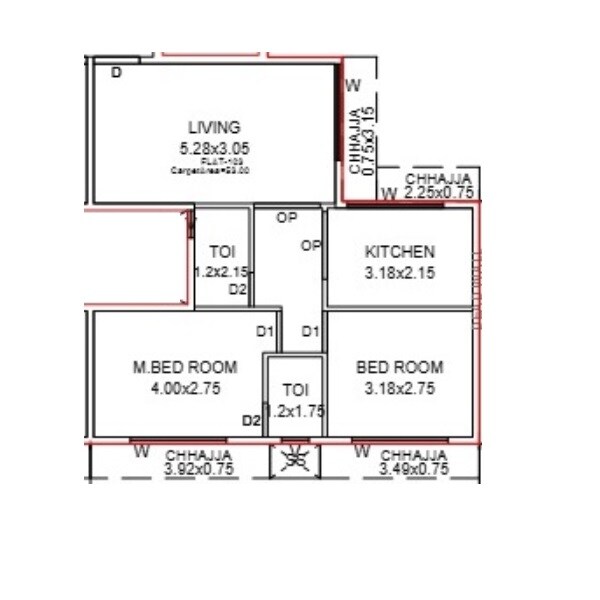 Floor plan of 2 BHK 667 Sq. Ft. Apartment in Rudra Dhumravarna, Navi Mumbai