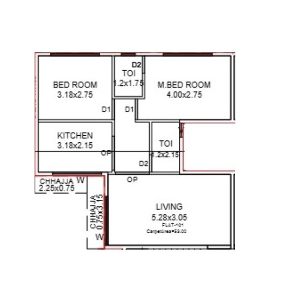 Floor plan of 2 BHK 766 Sq. Ft. Apartment in Rudra Dhumravarna, Navi Mumbai
