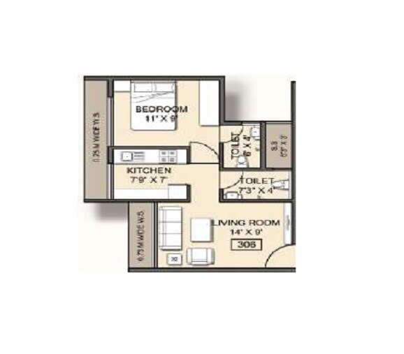 Floor plan of 1 BHK 341 Sq. Ft. Apartment in Rudra Kristina, Navi Mumbai