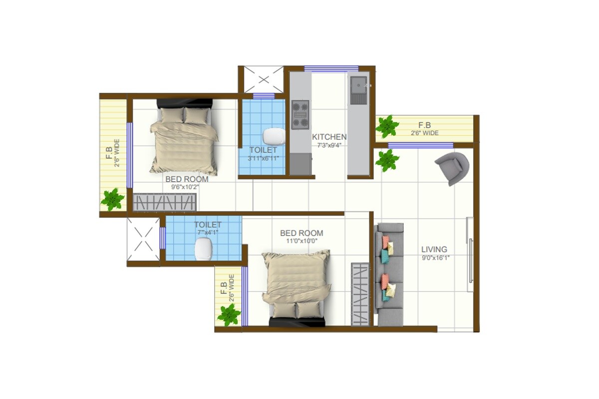 Floor plan of 2 BHK 710 Sq. Ft. Apartment in Rudra Rajendra, Navi Mumbai