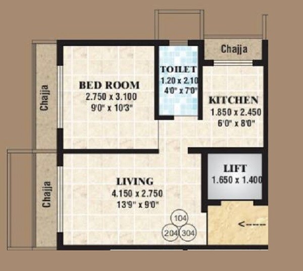 Floor plan of 1 BHK 660 Sq. Ft. Apartment in S H K Ruby Enclave, Navi Mumbai