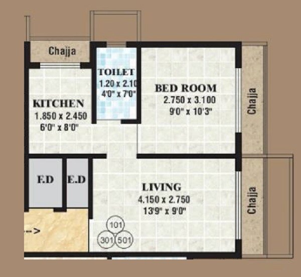 Floor plan of 1 BHK 695 Sq. Ft. Apartment in S H K Ruby Enclave, Navi Mumbai
