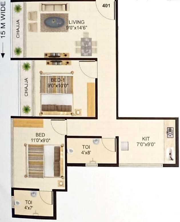 Floor plan of 2 BHK 381 Sq. Ft. Apartment in S M Manzil Taloja, Navi Mumbai