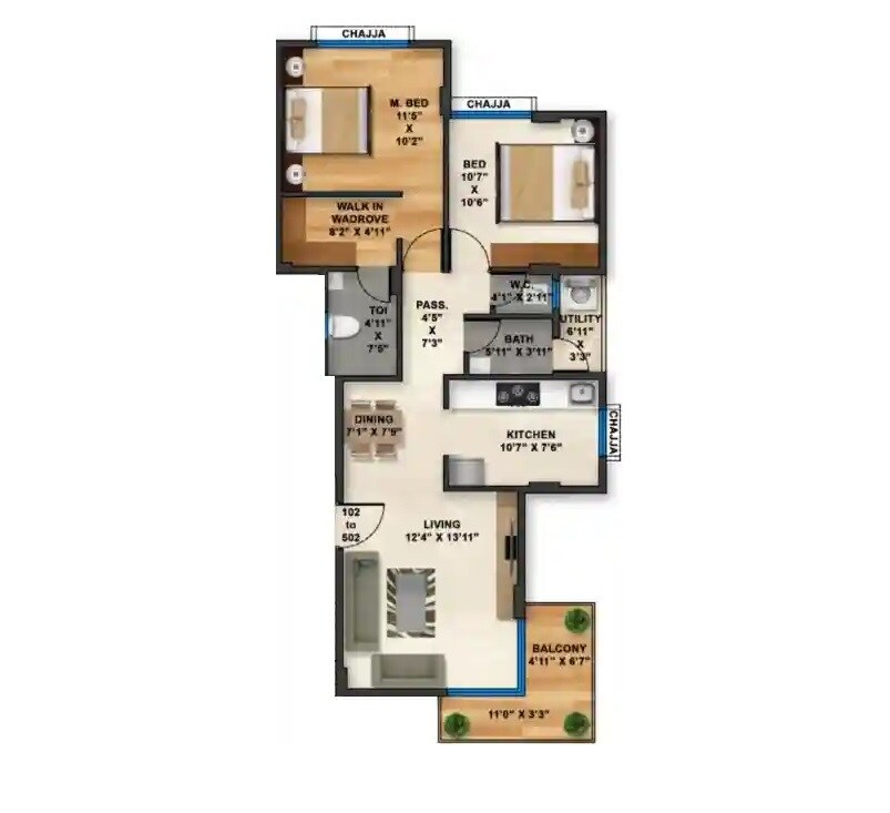 Floor plan of 2 BHK 647 Sq. Ft. Apartment in S Sai Vasant, Navi Mumbai