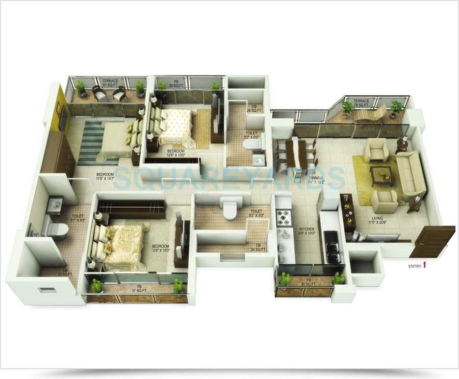 Floor plan of 3 BHK 821 Sq. Ft. Apartment in Saha Kingdom, Navi Mumbai