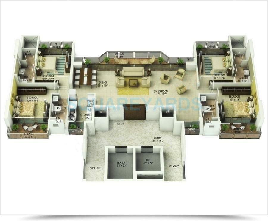 Floor plan of 3 BHK 985 Sq. Ft. Apartment in Saha Kingdom, Navi Mumbai