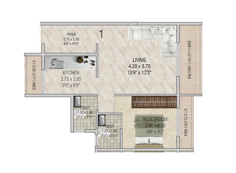 Floor plan of 1 BHK 506 Sq. Ft. Apartment in Sai Aansh Imperial, Navi Mumbai