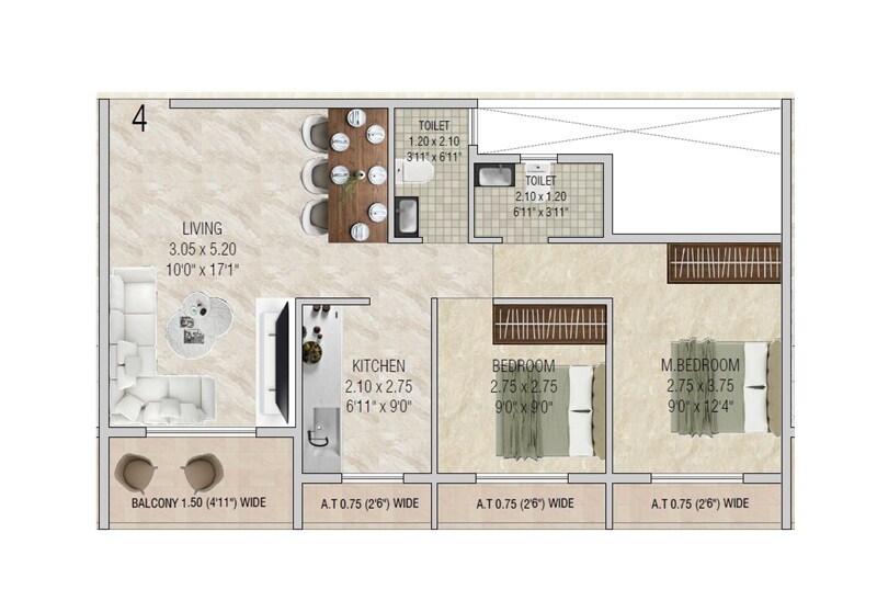 Floor plan of 2 BHK 669 Sq. Ft. Apartment in Sai Aansh Imperial, Navi Mumbai
