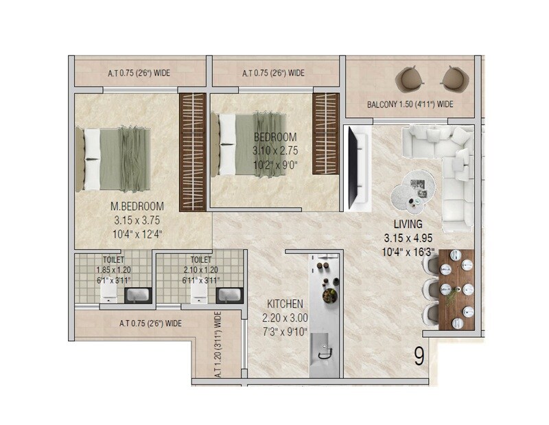 Floor plan of 2 BHK 699 Sq. Ft. Apartment in Sai Aansh Imperial, Navi Mumbai