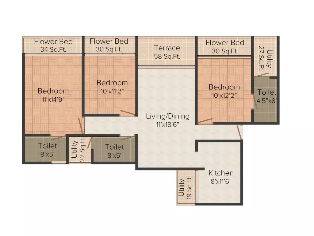 Floor plan of 3 BHK 1678 Sq. Ft. Apartment in Sai Apramit, Navi Mumbai
