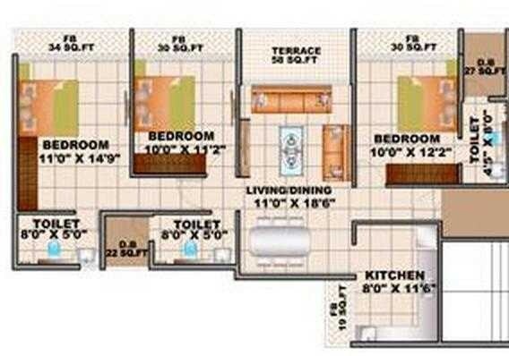 Floor plan of 3 BHK 1717 Sq. Ft. Apartment in Sai Apramit, Navi Mumbai