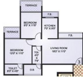 Floor plan of 2 BHK 1136 Sq. Ft. Apartment in Sai  Avaneesh, Navi Mumbai