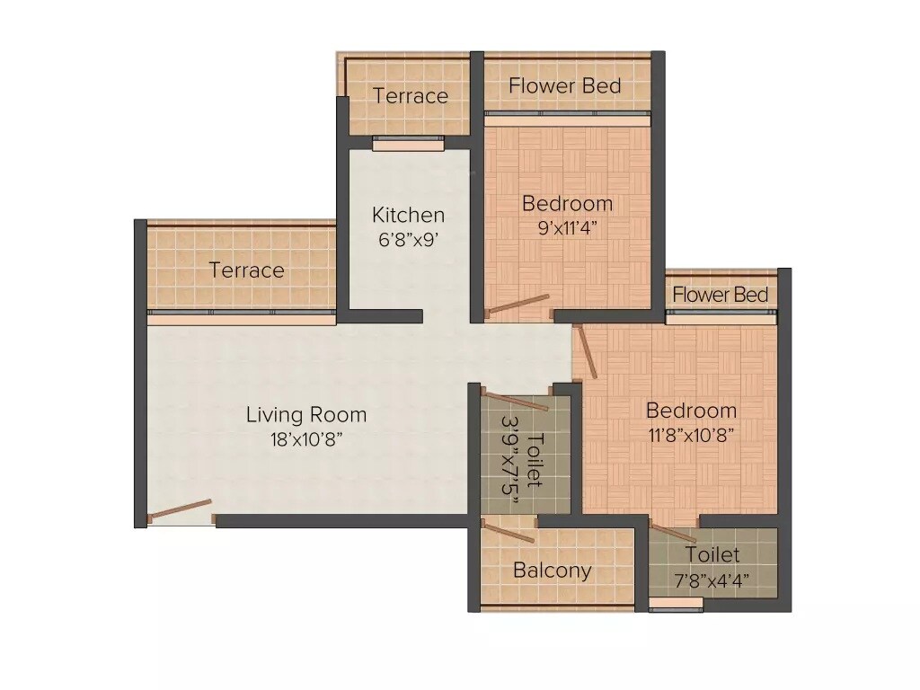 Floor plan of 2 BHK 1139 Sq. Ft. Apartment in Sai  Avaneesh, Navi Mumbai