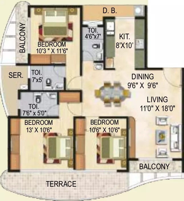 Floor plan of 3 BHK 1710 Sq. Ft. Apartment in Sai Crystal, Navi Mumbai