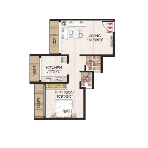 Floor plan of 1 BHK 309 Sq. Ft. Apartment in Sai Hill View Residency, Navi Mumbai