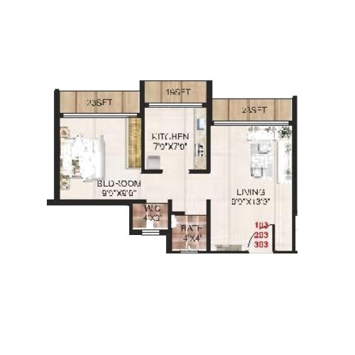 Floor plan of 1 BHK 317 Sq. Ft. Apartment in Sai Hill View Residency, Navi Mumbai