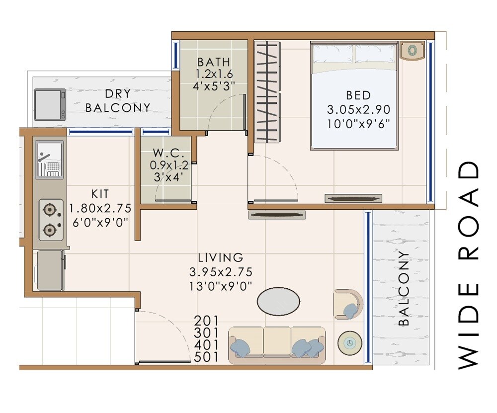 Floor plan of 1 BHK 315 Sq. Ft. Apartment in Sai Iconic, Navi Mumbai