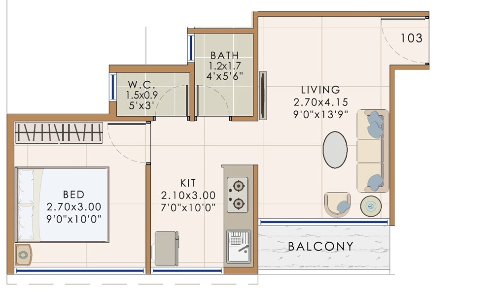 Floor plan of 1 BHK 400 Sq. Ft. Apartment in Sai Iconic, Navi Mumbai