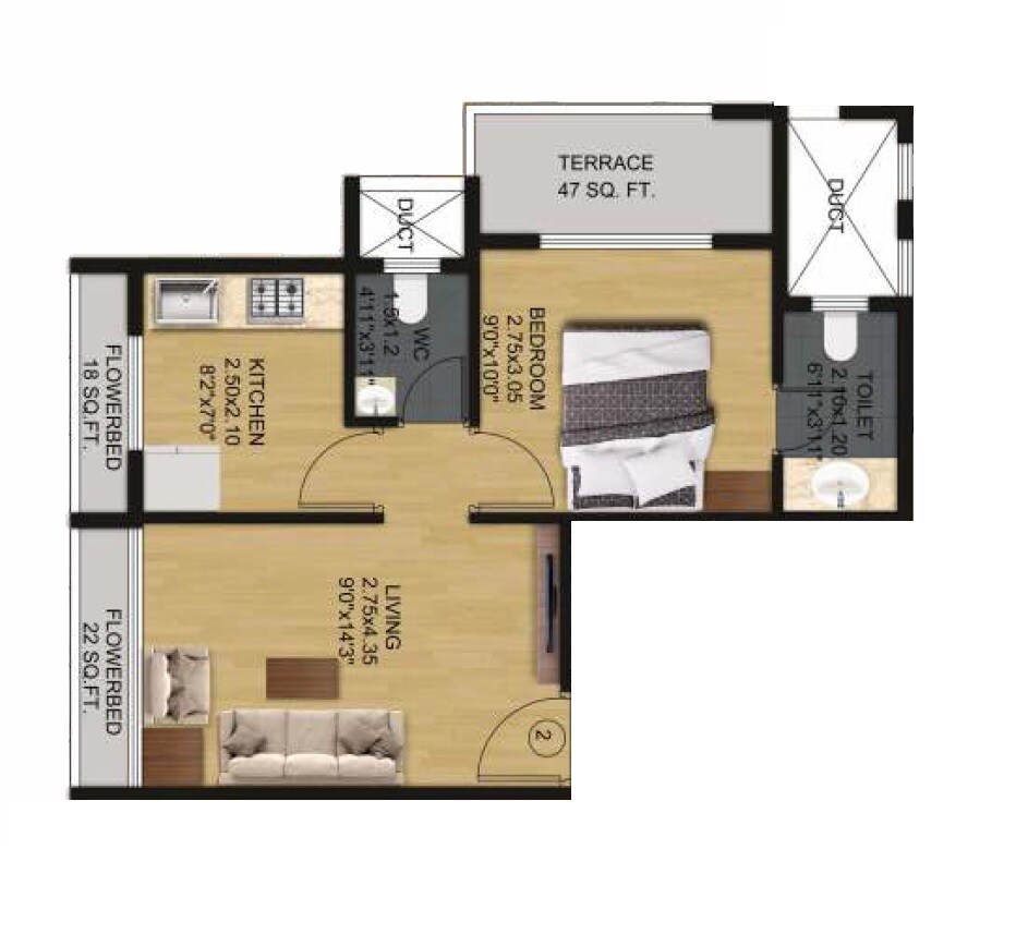 Floor plan of 1 BHK 225 Sq. Ft. Apartment in Sai Mahima Lake View, Navi Mumbai