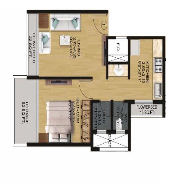Floor plan of 1 BHK 285 Sq. Ft. Apartment in Sai Mahima Lake View, Navi Mumbai
