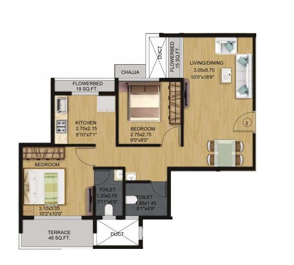 Floor plan of 2 BHK 491 Sq. Ft. Apartment in Sai Mahima Lake View, Navi Mumbai