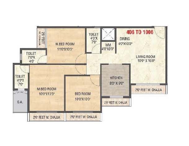 Floor plan of 3 BHK 802 Sq. Ft. Apartment in Sai Namah, Navi Mumbai
