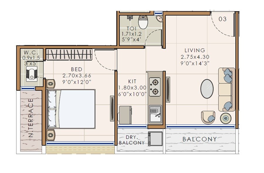 Floor plan of 1 BHK 305 Sq. Ft. Apartment in Sai Prestige, Navi Mumbai