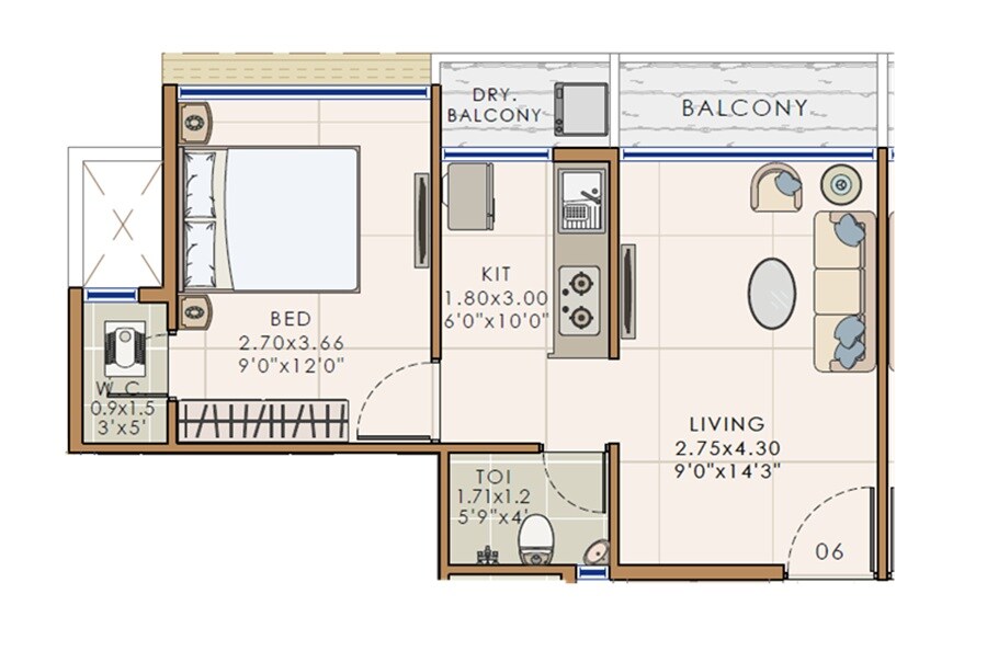 Floor plan of 1 BHK 322 Sq. Ft. Apartment in Sai Prestige, Navi Mumbai