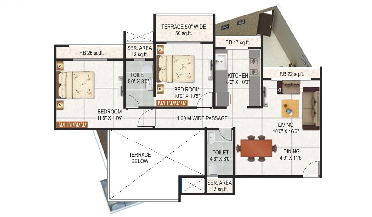 Floor plan of 2 BHK Apartment - 789 sq. ft. in Sai Proviso Aashlesha, Navi Mumbai