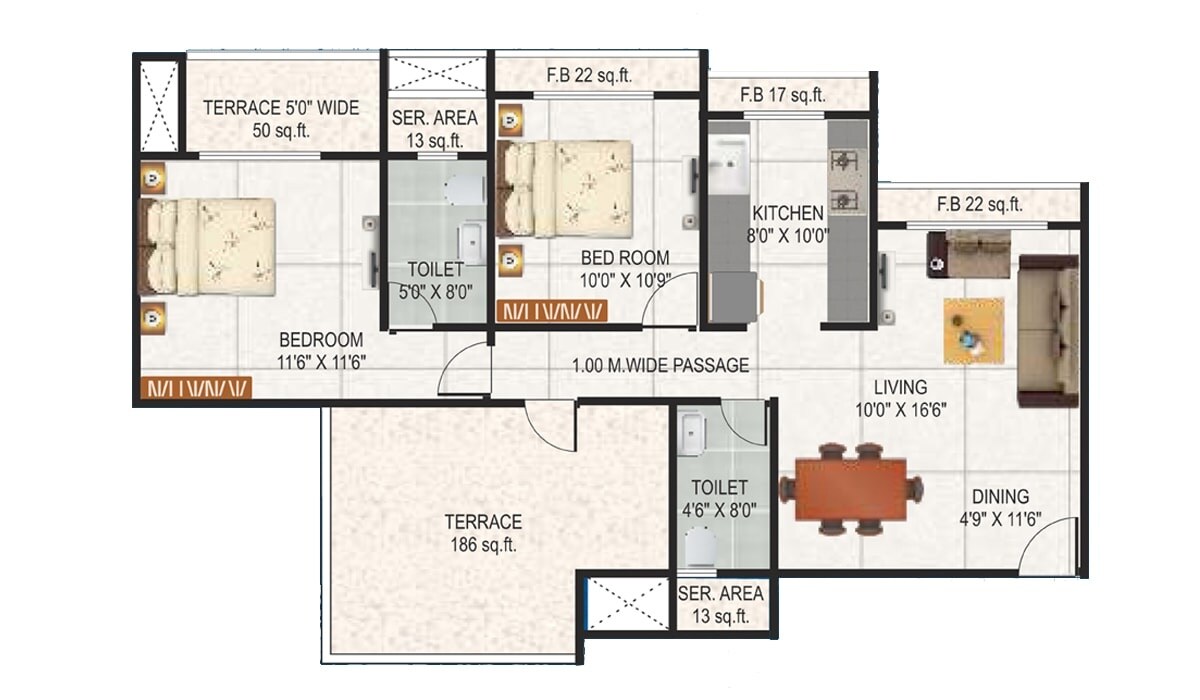 Floor plan of 2 BHK Apartment - 875 sq. ft. in Sai Proviso Aashlesha, Navi Mumbai