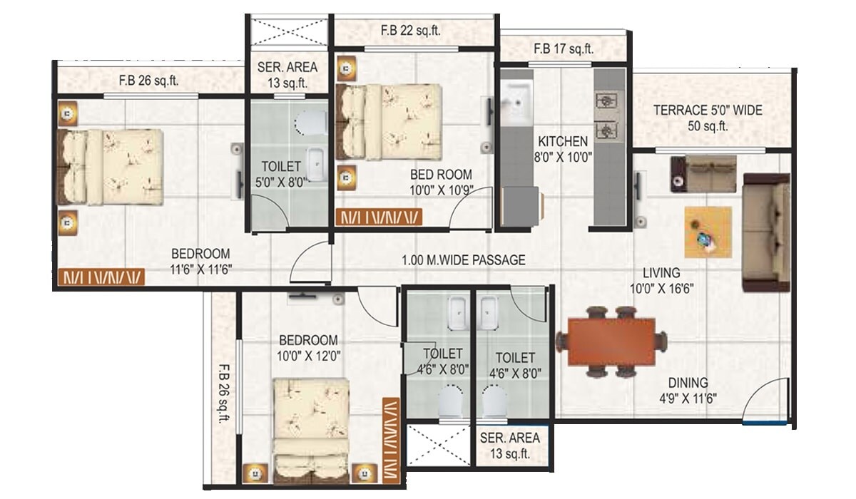 Floor plan of 3 BHK Apartment - 960 sq. ft. in Sai Proviso Aashlesha, Navi Mumbai