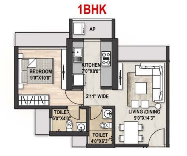 Floor plan of 1 BHK 323 Sq. Ft. Apartment in Sai Proviso Atlantis, Navi Mumbai