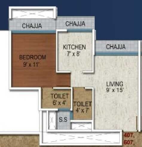 Floor plan of 1 BHK 490 Sq. Ft. Apartment in Sai Proviso Sapphire, Navi Mumbai