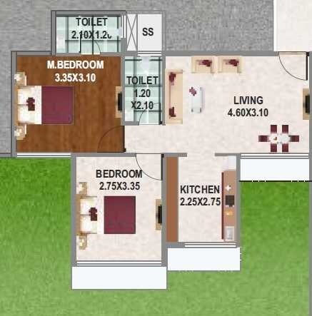 Floor plan of 2 BHK 666 Sq. Ft. Apartment in Sai Proviso Sapphire, Navi Mumbai