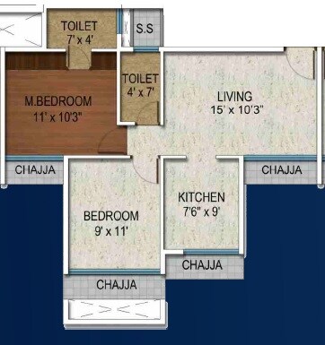 Floor plan of 2 BHK 650 Sq. Ft. Apartment in Sai Proviso Sapphire, Navi Mumbai