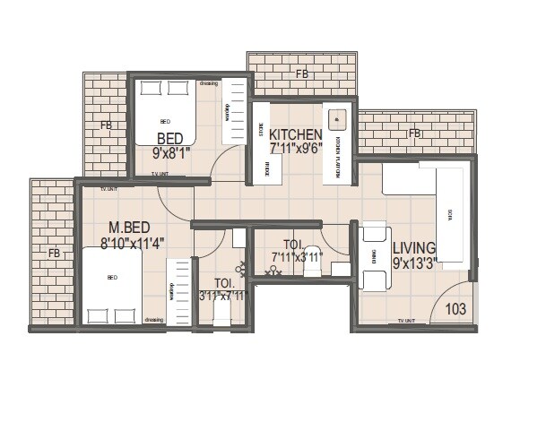 Floor plan of 2 BHK 411 Sq. Ft. Apartment in Sai Shanti, Navi Mumbai