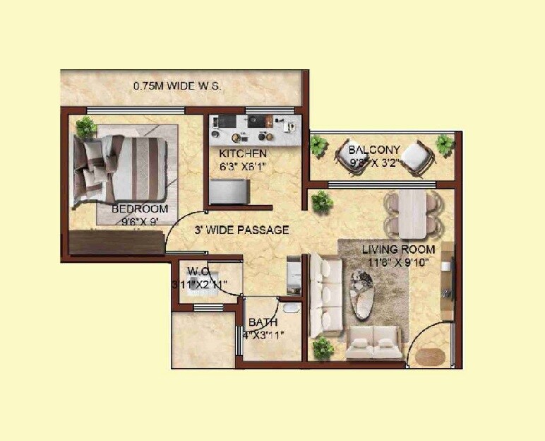Floor plan of 1 BHK 265 Sq. Ft. Apartment in Sai Shradha The Green Crest, Navi Mumbai