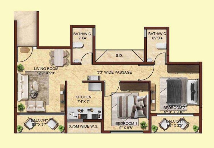 Floor plan of 2 BHK 427 Sq. Ft. Apartment in Sai Shradha The Green Crest, Navi Mumbai