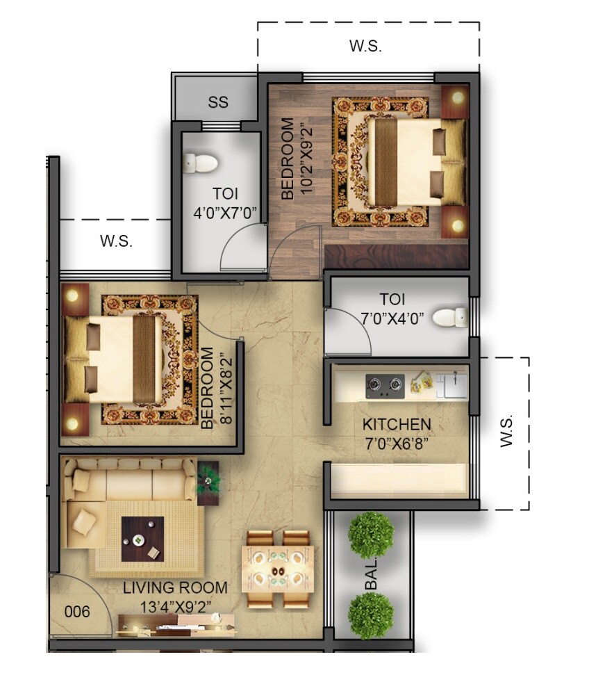 Floor plan of 2 BHK 487 Sq. Ft. Apartment in Sai Shradha The Greens, Navi Mumbai