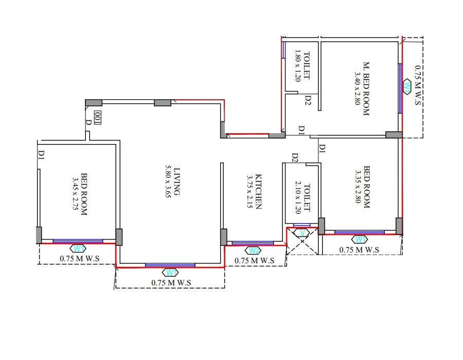 Floor plan of 3 BHK Apartment - 785 sq. ft. in Sai Siddhi Madhuban, Navi Mumbai