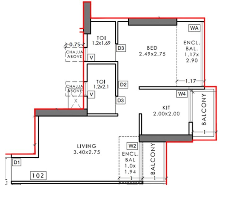 Floor plan of 1 BHK 308 Sq. Ft. Apartment in Sai Solitaire, Navi Mumbai
