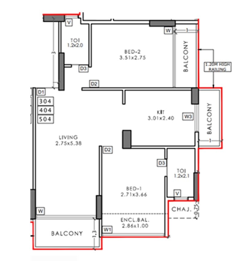 Floor plan of 2 BHK 563 Sq. Ft. Apartment in Sai Solitaire, Navi Mumbai