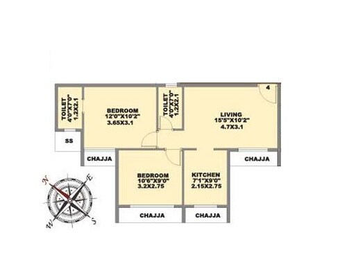 Floor plan of 2 BHK 445 Sq. Ft. Apartment in Sai Udanda, Navi Mumbai
