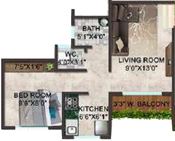 Floor plan of 1 BHK 229 Sq. Ft. Apartment in Saidatta Shree Sadguru Residency, Navi Mumbai