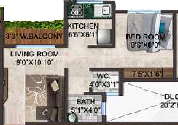 Floor plan of 1 BHK 316 Sq. Ft. Apartment in Saidatta Shree Sadguru Residency, Navi Mumbai