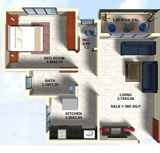 Floor plan of 1 BHK 565 Sq. Ft. Apartment in Sairaj Golden View, Navi Mumbai